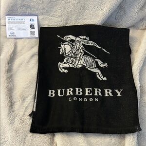 Burberry Black & White Equestrian Logo Cashmere Scarf